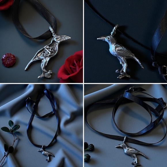 Raven Pendant Satin Ribbon Choker Necklace Enchanting Whimsical Gothic - Picture 17 of 17